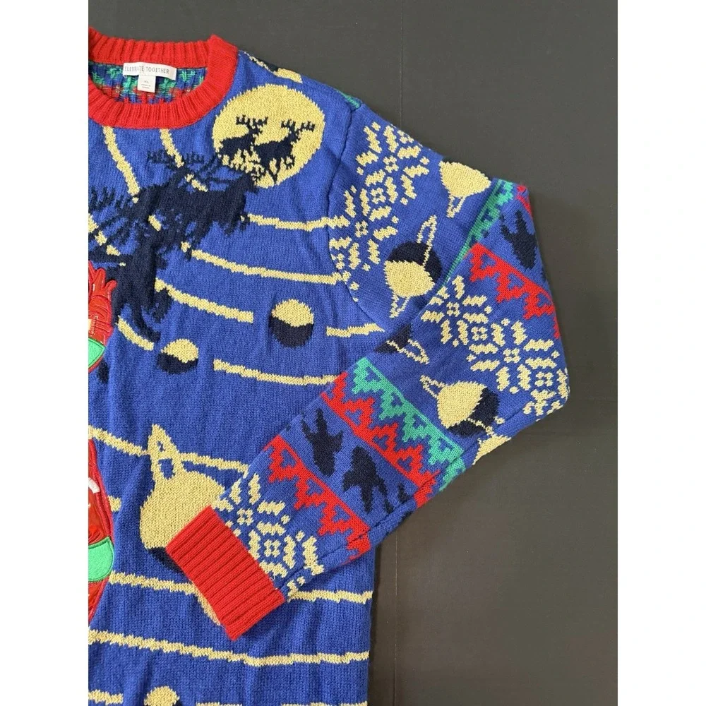 Mens Ugly Christmas Sweater Astronaut Moon Walk Space Santa Funny 3D Bells Sz XL